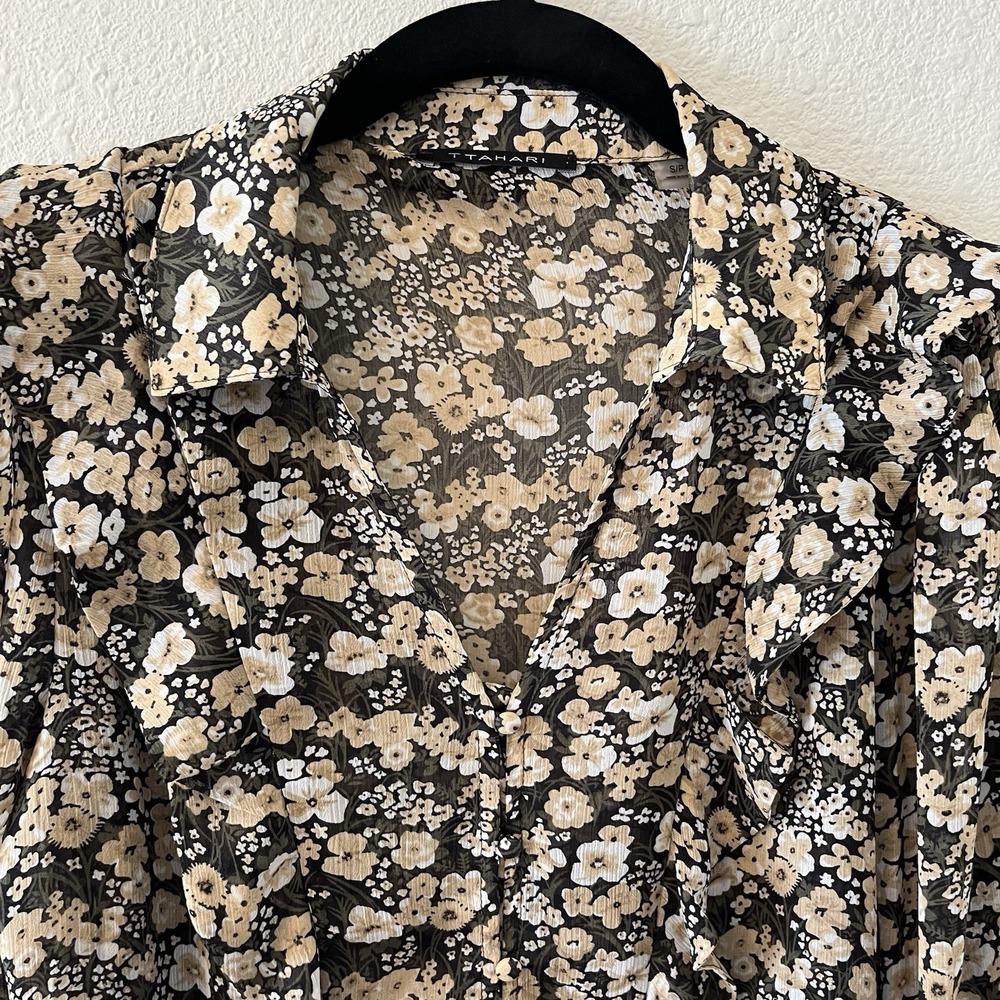 Tahari Women's Blouse Size S Black Floral Chiffon Ruffles Romantic Cottage Fairy - Picture 4 of 15